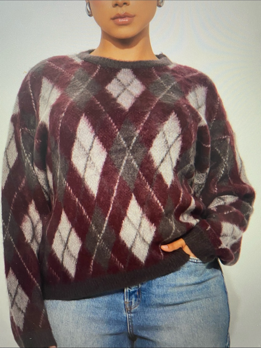 Fashion Nova Burgundy, Gray & White Argyle Crewneck Sweater